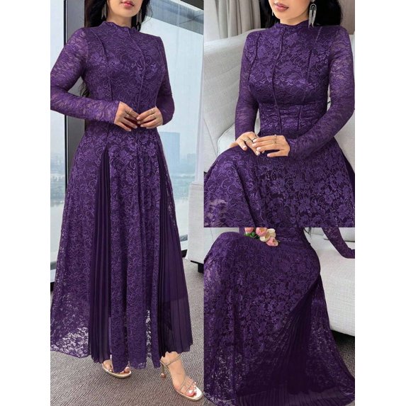 Bold Plum Womens Floral Lace Stand Collar Long Sleeve Elegant Pleated Dress