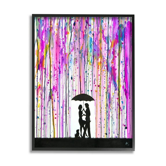 Bold Purple Rainfall Family Silhouette Abstract Graphic Art Black Framed Art Print Wall Art