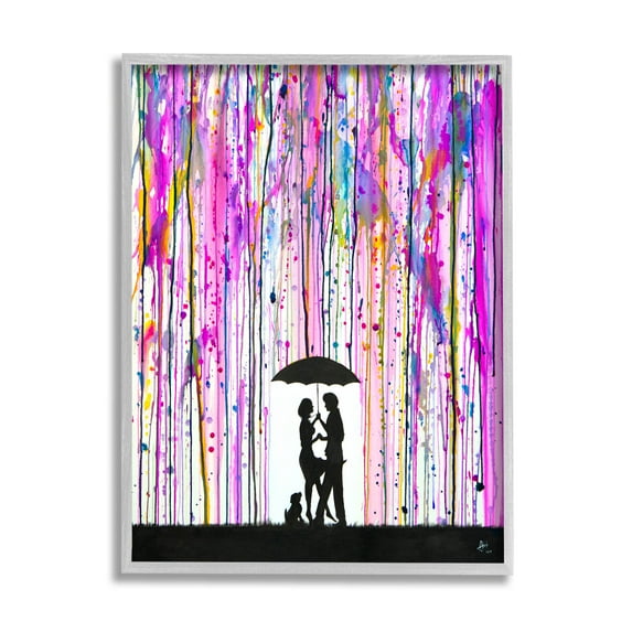 Bold Purple Rainfall Family Silhouette Abstract Graphic Art Gray Framed Art Print Wall Art