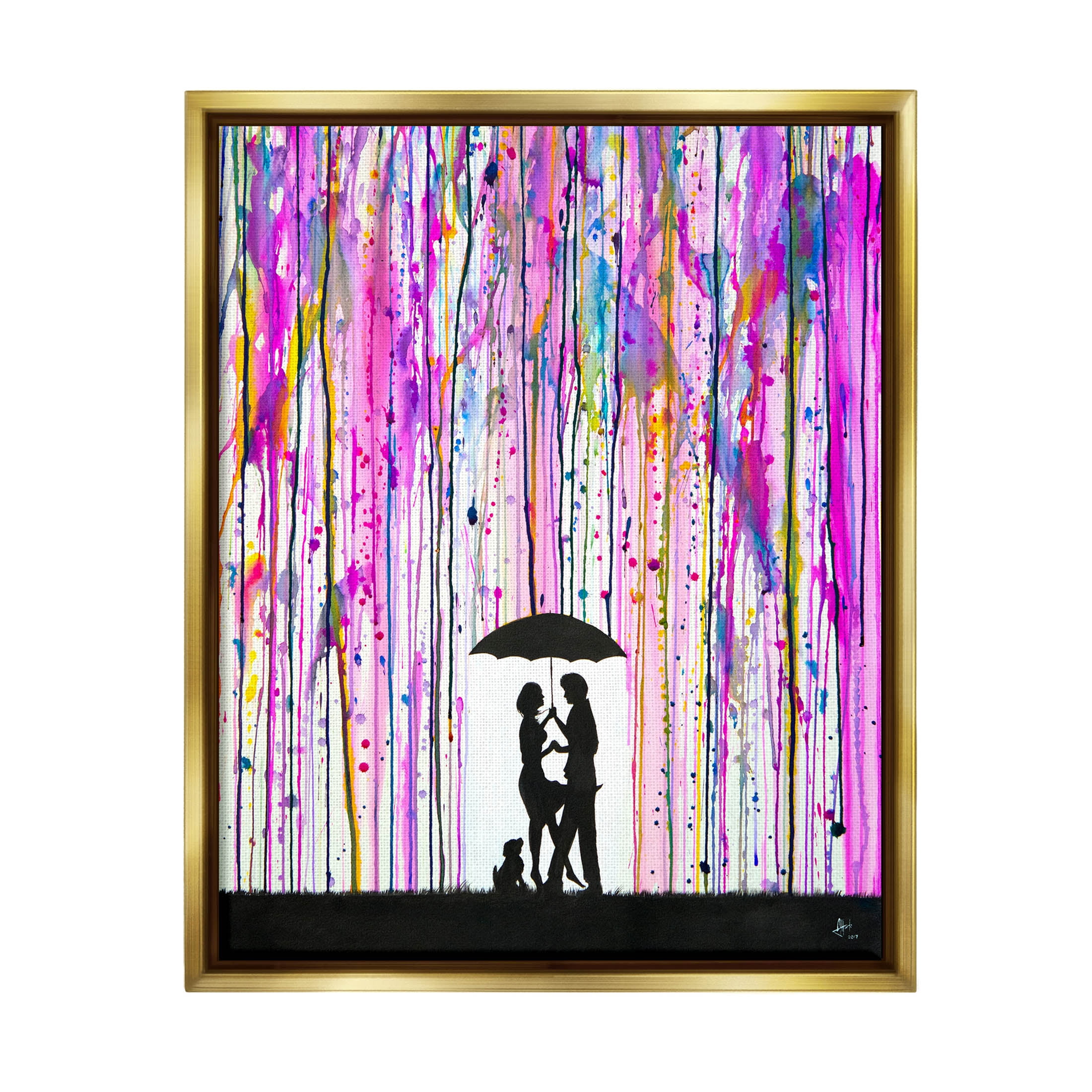 Bold Purple Rainfall Family Silhouette Abstract Graphic Art Metallic Gold Framed Art Print Wall Art