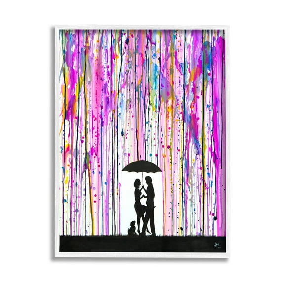 Bold Purple Rainfall Family Silhouette Abstract Graphic Art White Framed Art Print Wall Art