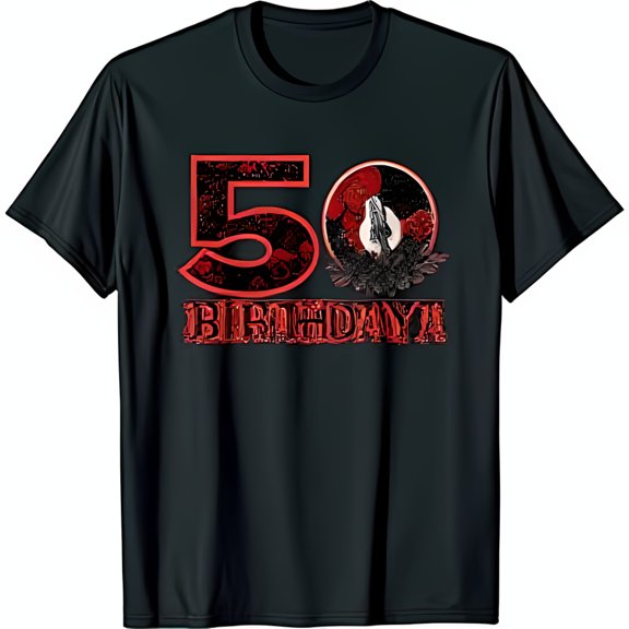 Bold Red 50 Birthday Graphic Black T-Shirt with Intricate Patterns & Robe Figure