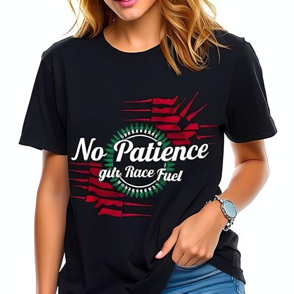 Bold Red Arrows & Text Graphic Cotton Short Sleeve T-Shirt - " No Patience Grit Race Fuel " - Stylish Casual Wear for Seekers