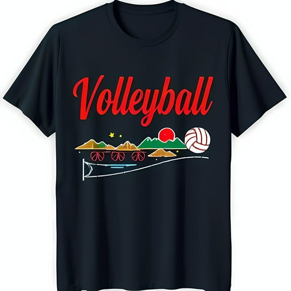 Bold Red Cursive 'Volleyball' Graphic on Black T-Shirt with Scenic Design