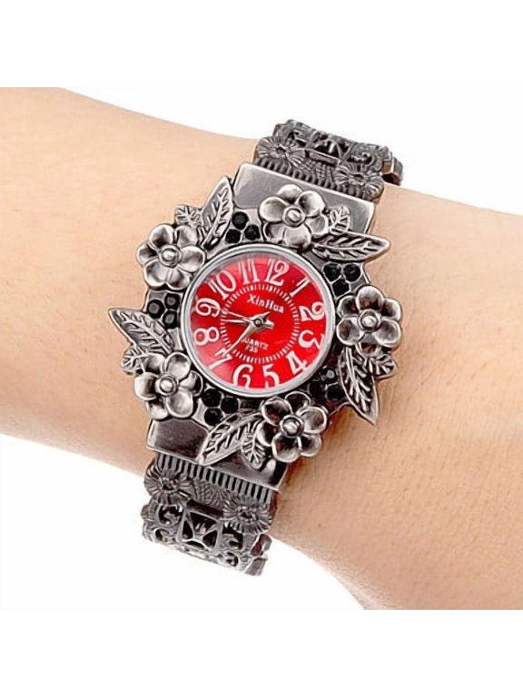 Bold Red Dial Floral Watch Ornate Silver Flower Design Eye-Catching Vintage Style