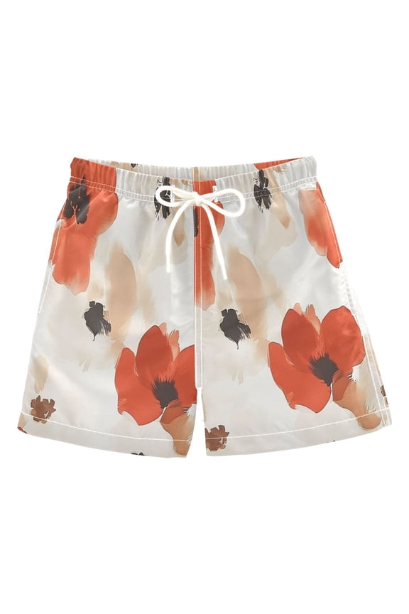 Bold Red Flowers Boys' Swim Trunks Beach Pool Shorts Quick Dry Soft Fabric Classic Fit