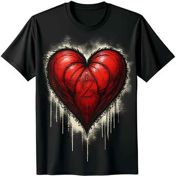 Bold Red Graffiti Heart Graphic Black T-Shirt with Dripping Design