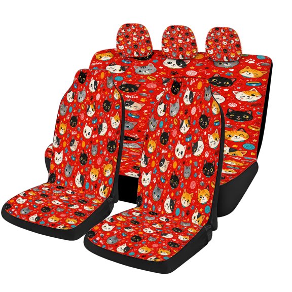Bold Red Lucky Cat Pattern Car Seat Covers Full Set, Universal Auto Seat Covers with Front Seat Covers, Rear Bench Cover and Headrest Covers for Cars SUVs Trucks Vans