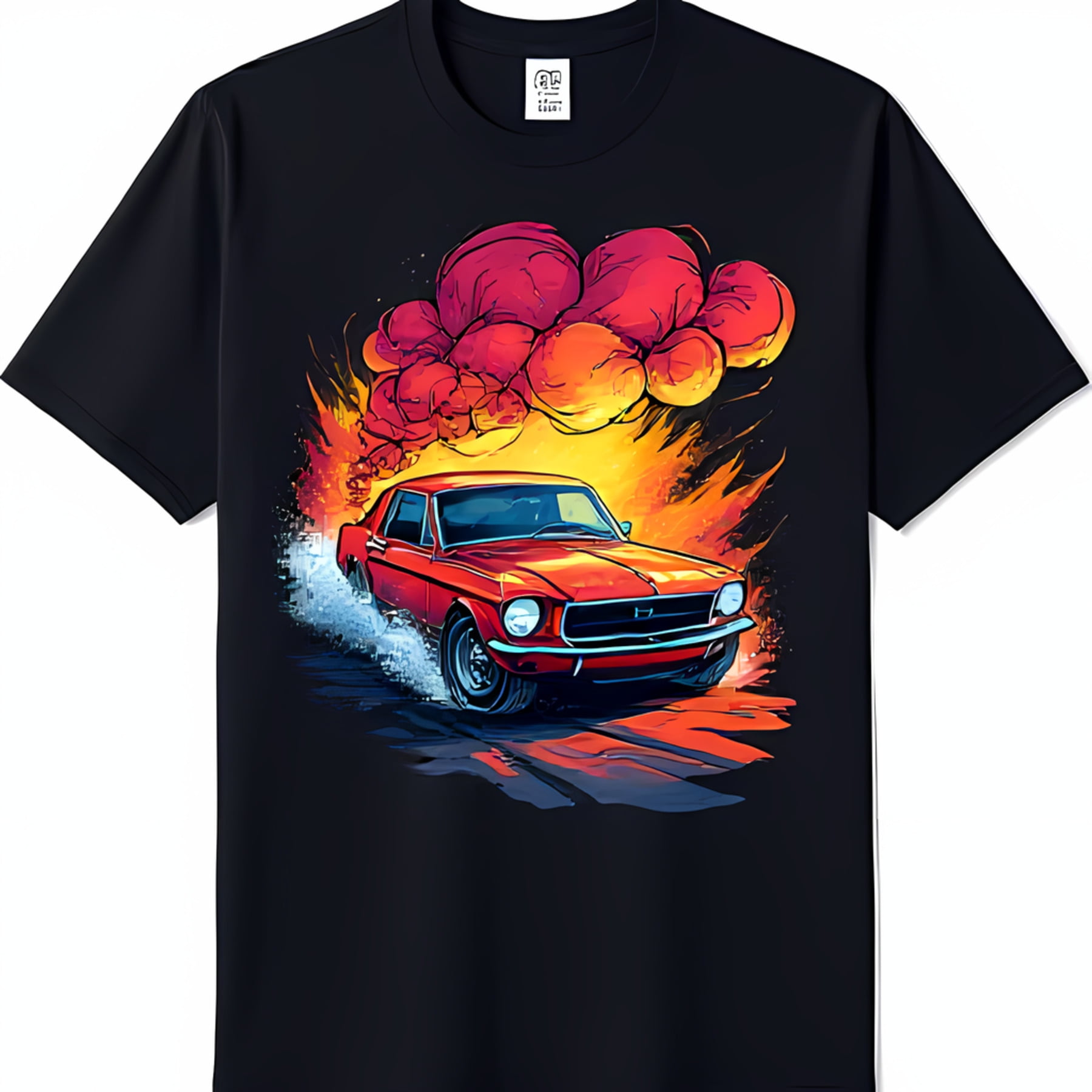 Bold Red Muscle Car TShirt Design with Fiery Smoke on Black Background