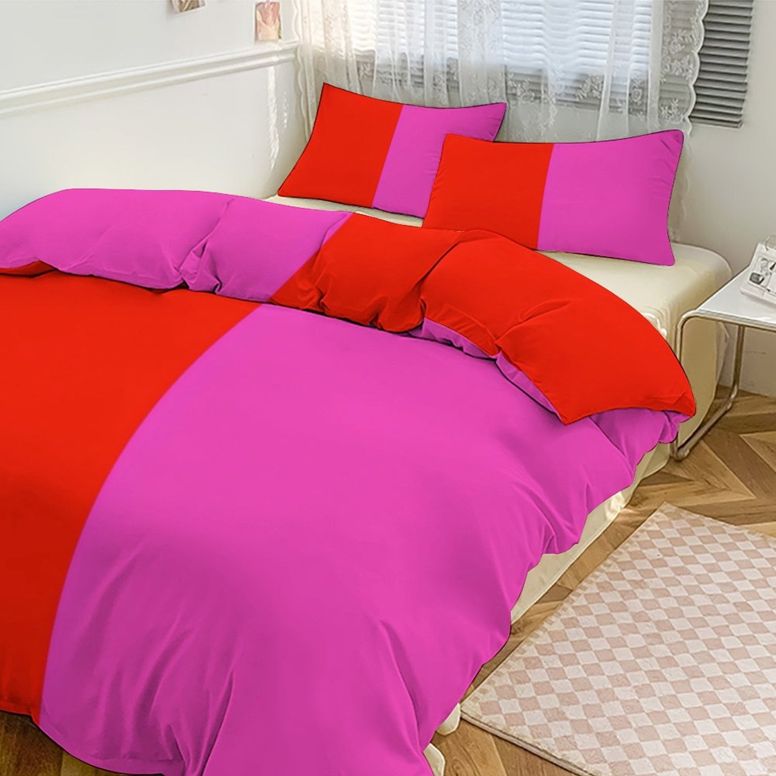 Bold Red Pink Split Design 3 Pcs Soft Bedding Set Includes 1 Duvet