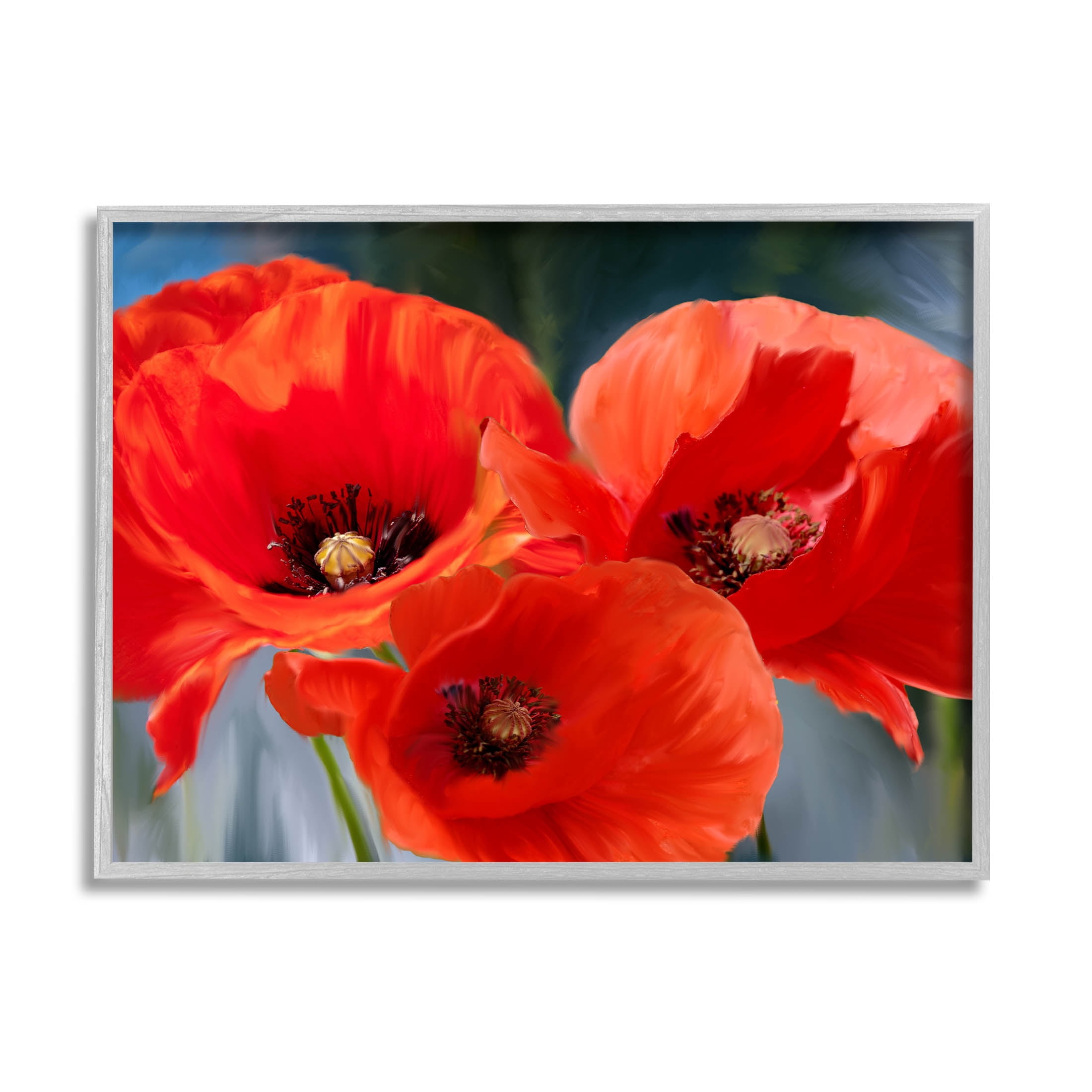 Bold Red Poppy Flower Trio Botanical & Floral Painting Gray Framed Art Print Wall Art