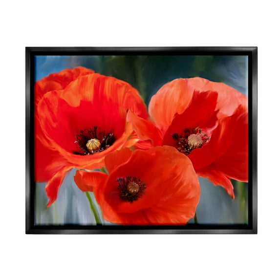 Bold Red Poppy Flower Trio Botanical & Floral Painting Jet Black Framed Art Print Wall Art