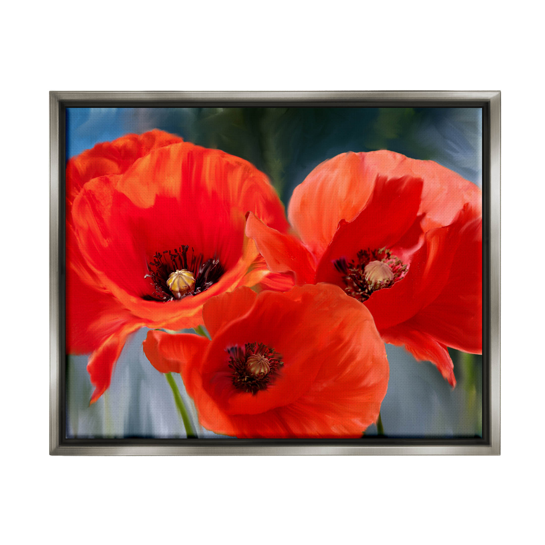 Bold Red Poppy Flower Trio Botanical & Floral Painting Luster Gray Framed Art Print Wall Art