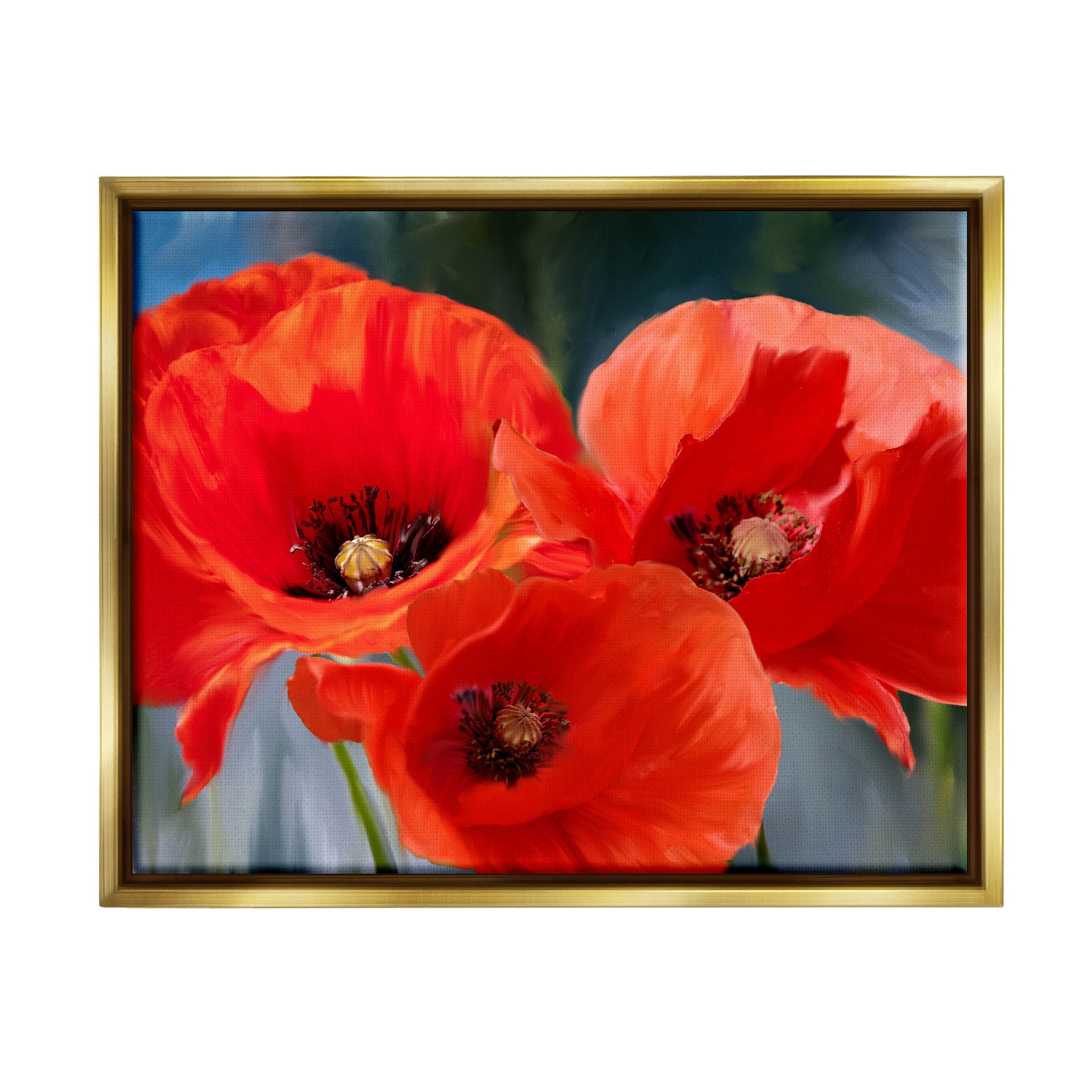 Bold Red Poppy Flower Trio Botanical & Floral Painting Metallic Gold Framed Art Print Wall Art
