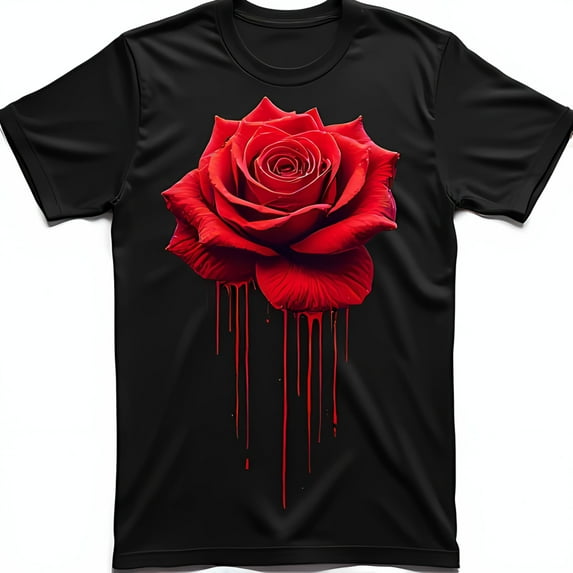 Bold Red Rose Graphic T-Shirt Black Tee with Dripping Crimson Design