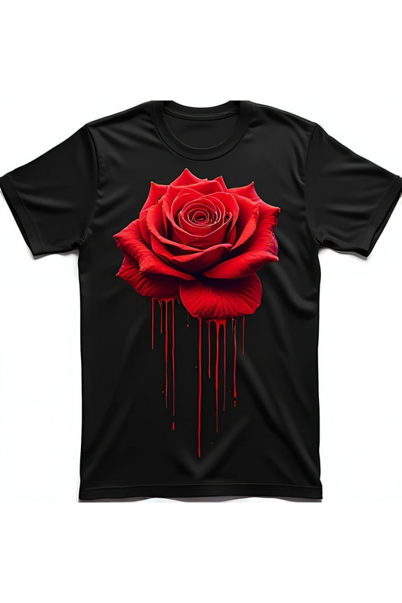 Bold Red Rose Graphic T-Shirt Black Tee with Dripping Crimson Design