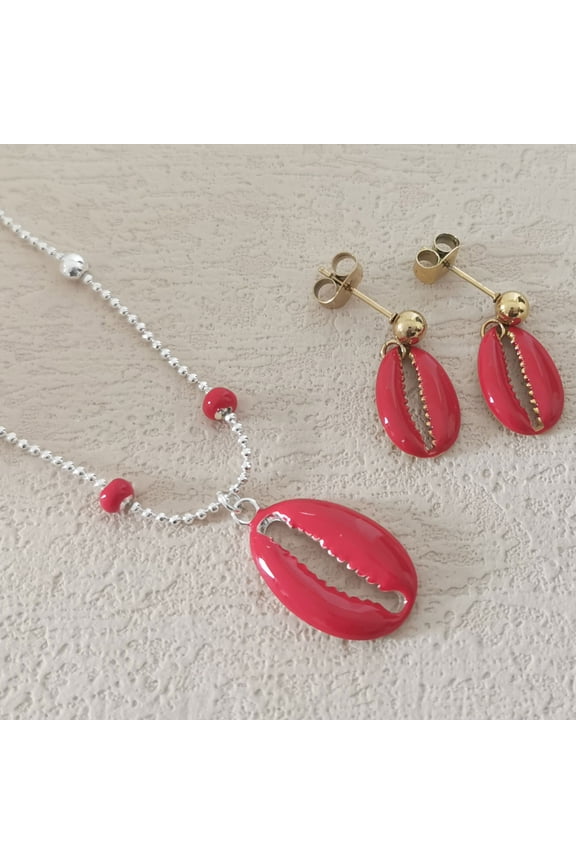 Bold Red Stainless Steel O-Link Chain Necklace with Enamel Shell Pendant - Nature-Inspired Design, 48cm + 6cm Extender, Fashion Jewelry for Women