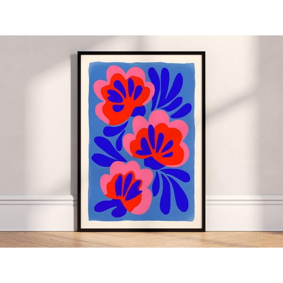 Bold Red and Blue Floral Wall Art Poster Unframed Paper Print