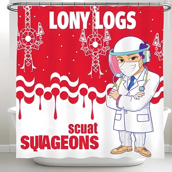 Bold Red and White Shower Curtain with Playful " LONY LOGS " Design Cartoon Doctor and Wavy Dripping Pattern