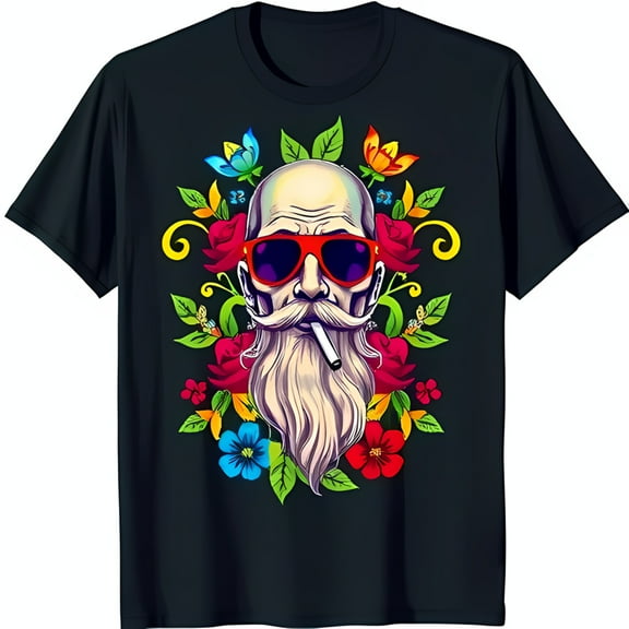 Bold Retro Bearded Man T-Shirt Colorful Sunglasses & Design with Flowers