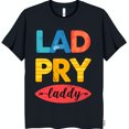 thumbnail image 1 of Bold Retro Black T-Shirt with Colorful 'LAD PRY' Graphic & Vintage Surfboard Design, 1 of 5
