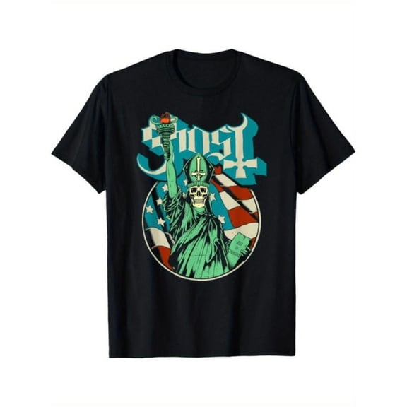 Bold Rock - Band Themed Patterned Tee,Tops Boasts "Ghost" Text and Skeleton Lady Liberty & US Flag Accents, Round Neck Regular Fit T - shirts, Size(S - 5XL)