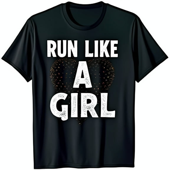 Bold 'Run Like a Girl' Graphic Black T-Shirt with Glittery Heart Design