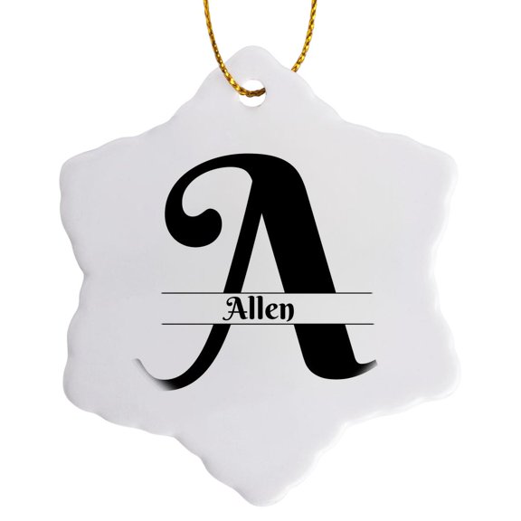 3drose, Bold Script Monogram a Allen, 3 inch Snowflake Porcelain Ornament
