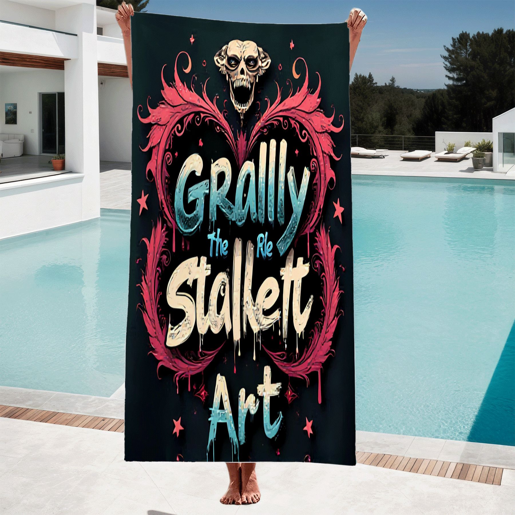 Bold Skull & Floral Pattern Beach Towel - Unique Graffiti Style Design ...