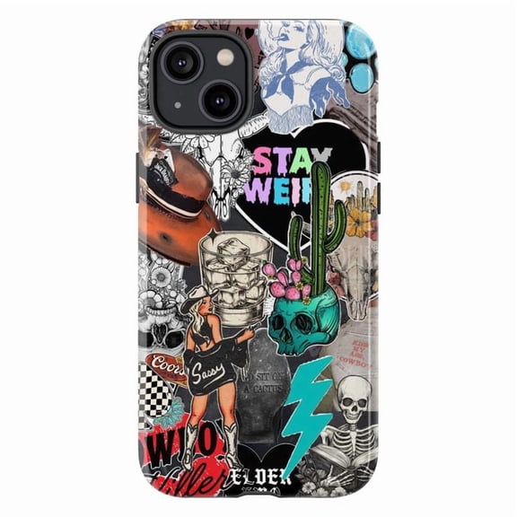 Bold Skull and Cactus Collage Phone Case, Artistic Retro Aesthetic iPhone Cover for iPhone 17 16 15 14 13 12 11 Pro Plus Mini