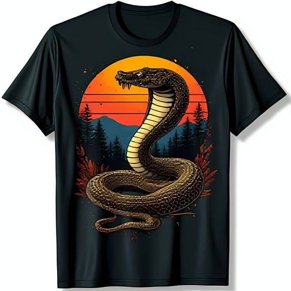 Bold Snake Graphic T-Shirt with Retro Sunset Design Unique Black Tee