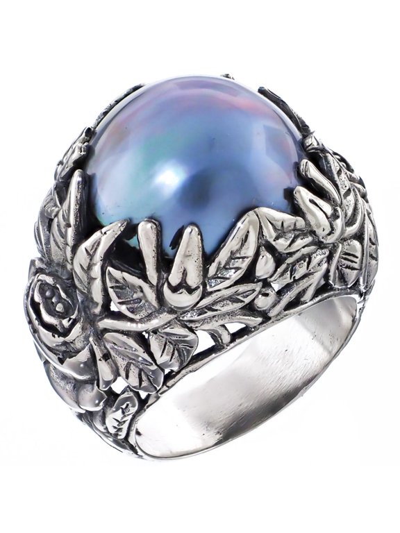 Bold South Pacific Blue Mabe Cultured Pearl Leaf Cradle 925 Sterling Silver Ring