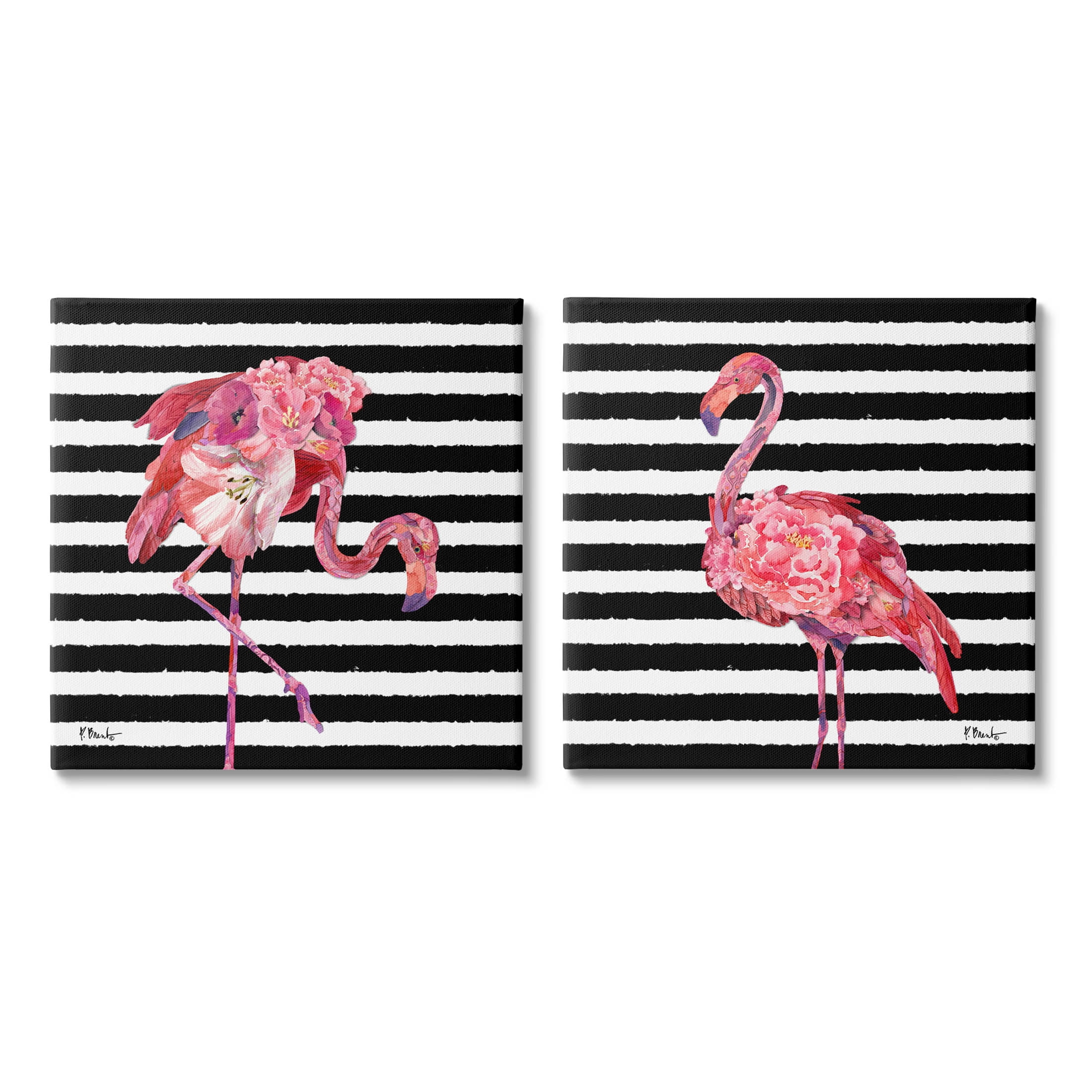 Bold Striped Flamingo Blossoms Animals & Insects Graphic Art Gallery Wrapped Canvas Print Wall Art, Set of 2