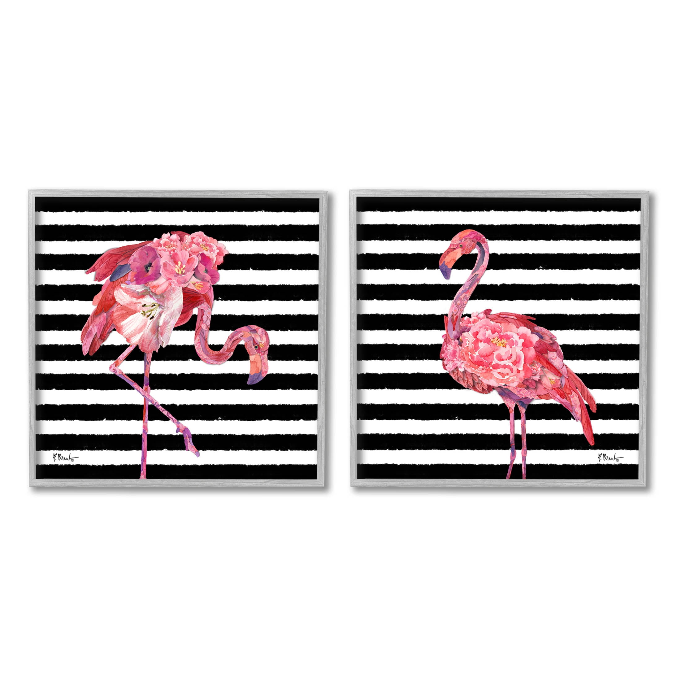Bold Striped Flamingo Blossoms Animals & Insects Graphic Art Gray Framed Art Print Wall Art, Set of 2