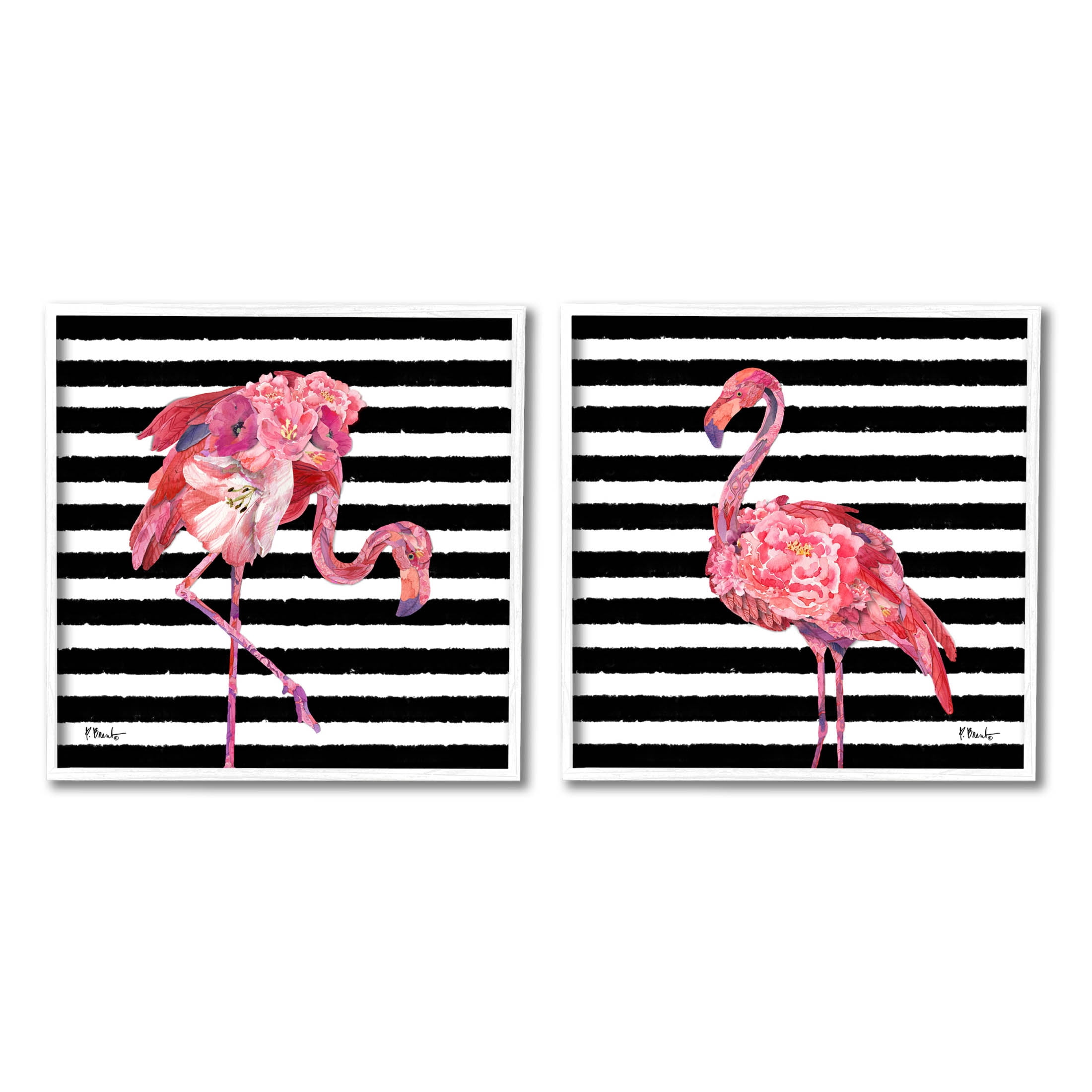 Bold Striped Flamingo Blossoms Animals & Insects Graphic Art White Framed Art Print Wall Art, Set of 2
