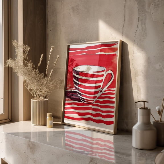 Bold Striped Mug Art Print, Red And White Cup, Modern Kitchen Art, Minimalist Tea Poster, Unique Coffee Lover Gift Wall Art, Modern Wall Decor, 8x12 UNFRAMED