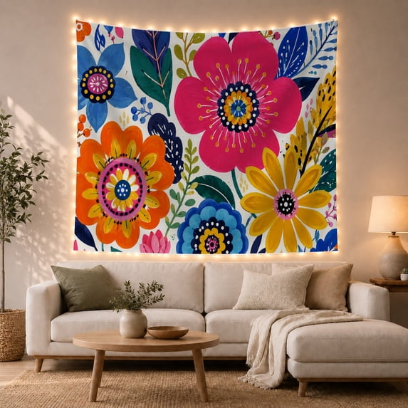Bold Stylized Florals Against a Cream Background, Playful Folk Art for Flower Lovers, Vibrant Botanical Wall Art, Housewarming Gift, Tapestry Wall Hanging for Bedroom and Living Room