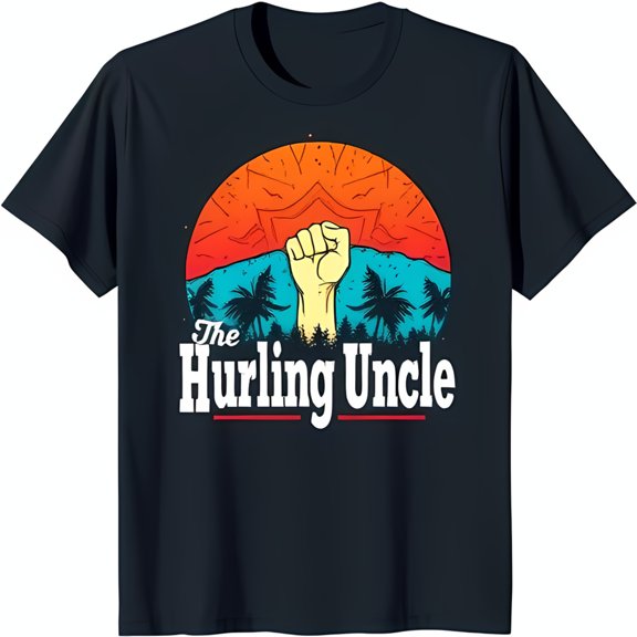Bold Sunset Beach Graphic T-Shirt with Fist Design The Hurling Uncle