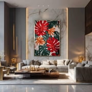 Bold Tropical Wall Art with Red and Orange Monstera Leaves and Jungle Flowers for Modern Boho or Island Inspired Home Decor Unframed Paper Print