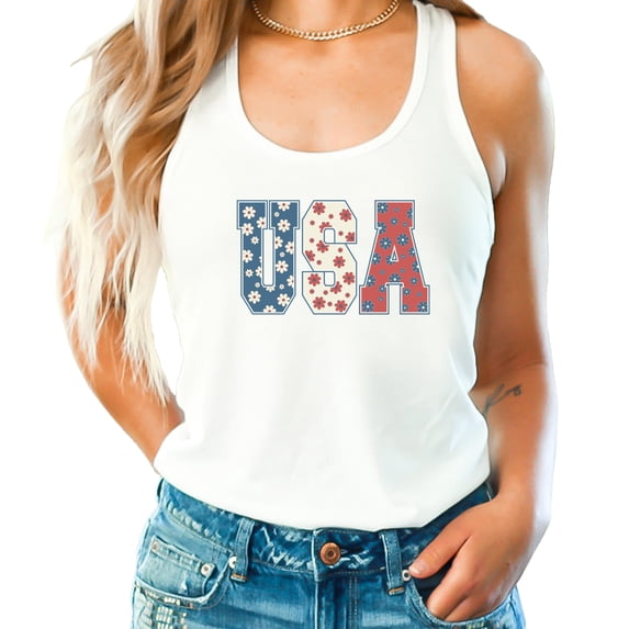 Bold USA Patriotic Tank Top with Flowers for Women and Teens White Tank Top Small