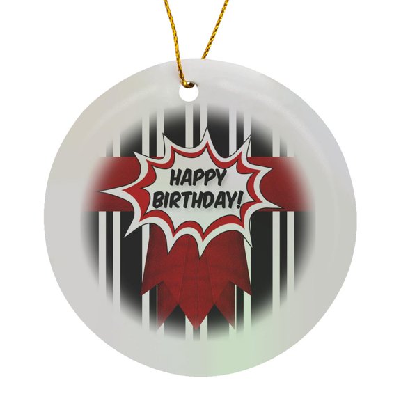 3drose, Bold Vertical Black and White Stripes with Red Comic Happy Birthday, Circle Porcelain Ornament