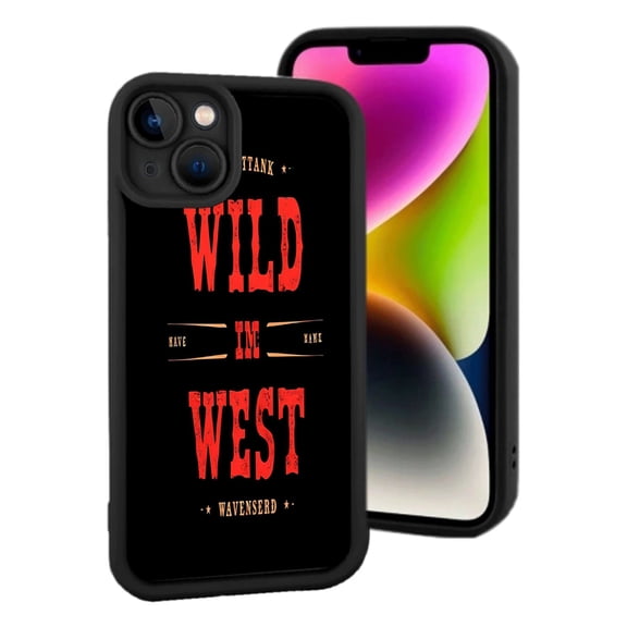 Bold " WILD IN WEST " Design iPhone 15 Case - Rugged Black Background Distressed Red Text Lightweight & Yellowing Resistant
