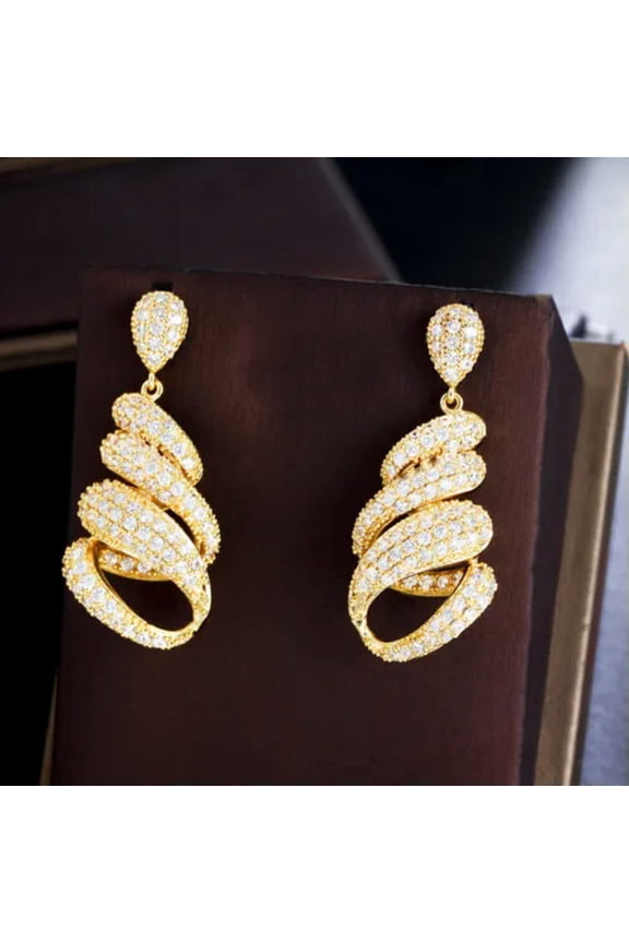 Bold White Gold Plated Pave Setting CZ Big Twist Dangle Round Drop Long Earrings