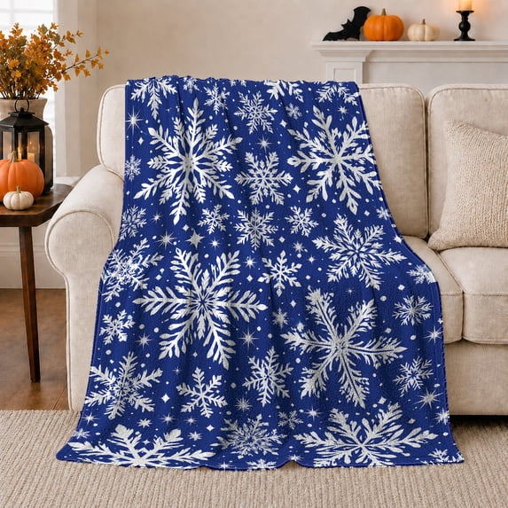 Bold White Snowflakes on Blue, Cheerful Holiday Style for Winter Lovers, Frosted Star Pattern and Christmas Gift, Soft Flannel Blanket for Family Room and Bedroom, Home Decor