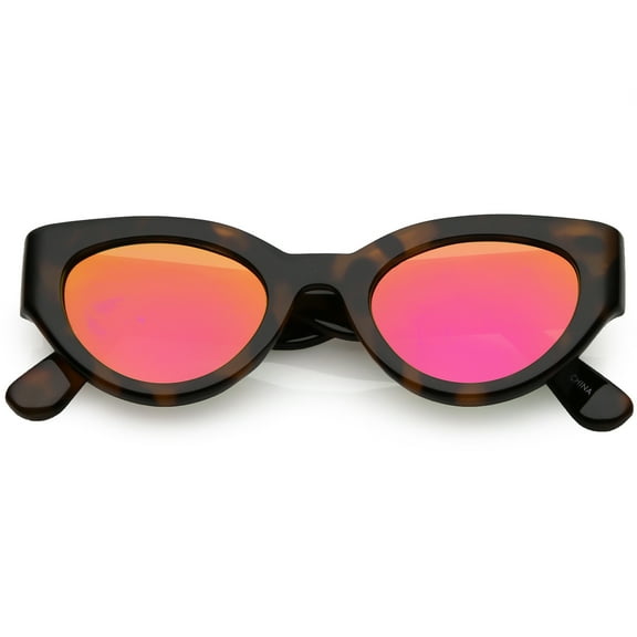 Bold Wide Arms Thick Frame Cat Eye Sunglasses Flat Oval Mirrored Lens 49mm (Shiny Tortoise / Magenta Mirror)
