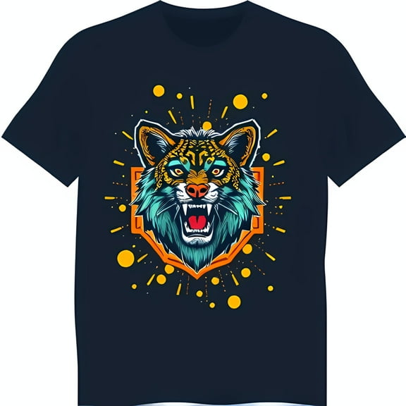 Bold Wildcat Graphic T-Shirt Striking Blue & Green Design on Background