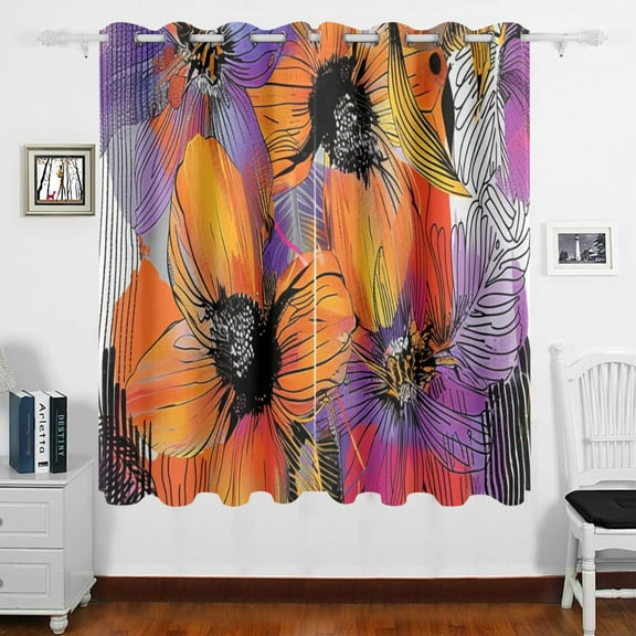 Bold Wildflowers Line Curtains Grommet Black Out 63 Inch Length Curtain Drapes for Bedroom Living Room 2 panels set