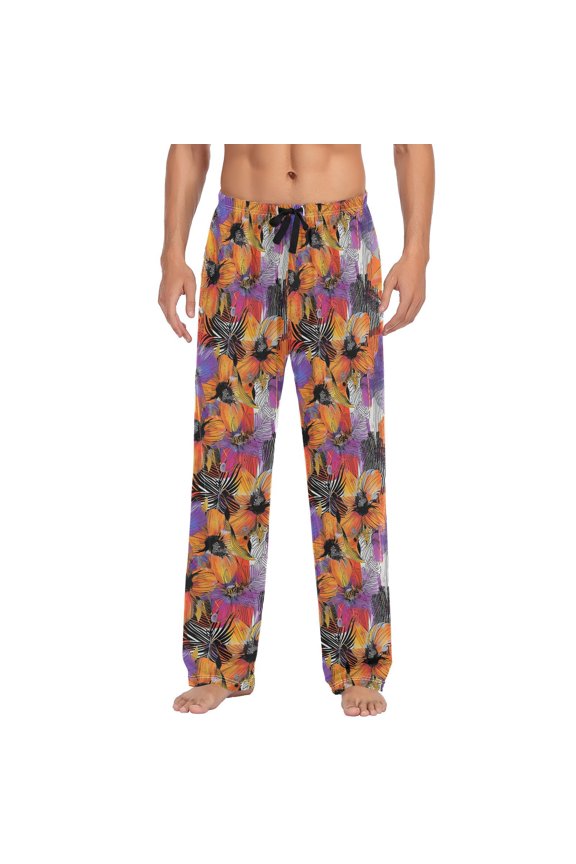 Bold Wildflowers Line Men's Pajama Pants with Pocket Lounge Pants Pajama Sleep Pant Pj Comfortable