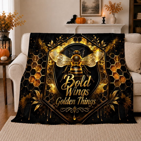 Bold Wings Golden Things Honeycomb Bee, Festive Holiday Scene, Warm Flannel Blanket for Living Room and Family Room, Art Lovers Christmas Gift, Festive Home Decor