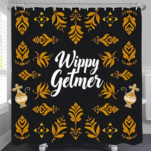Bold "Wippy Getmer" Shower Curtain with Gold Leaf Patterns - Elegant Black & White Design for Unique Bathroom Décor